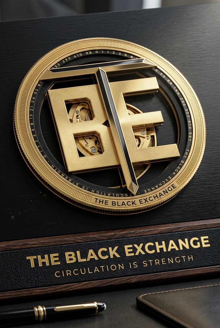 The Black Exchange — 3D Gold Cipher Medallion featuring watch-movement gears inside B and E letters, resting on a leather desk